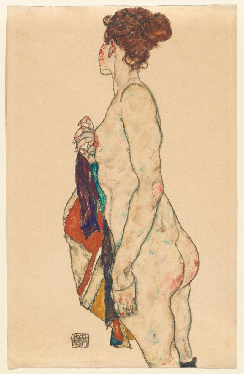 Seisova alaston kuviollinen viitta tekijältä Egon Schiele