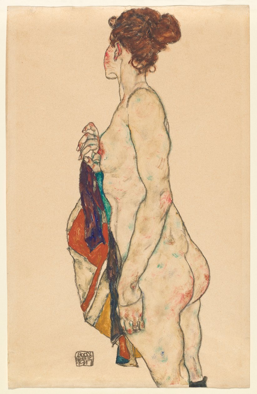 Seisova alaston kuviollinen viitta, 1917 tekijältä Egon Schiele