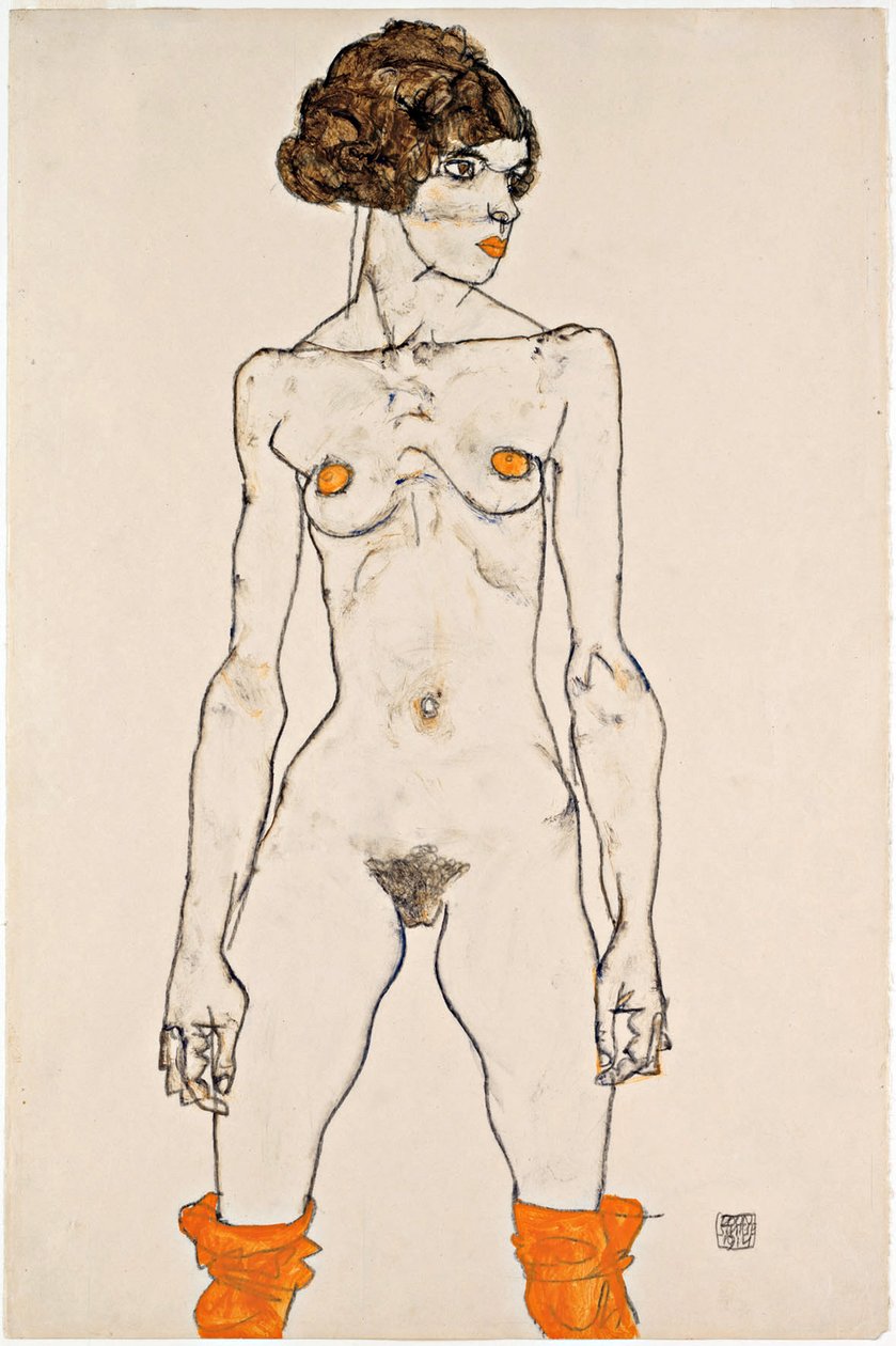 Pysyvä nuori nainen, jolla on oranssinväriset sukat tekijältä Egon Schiele