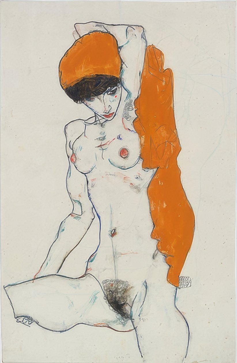 Seisoa alasti oranssilla kankaalla. 1914 tekijältä Egon Schiele