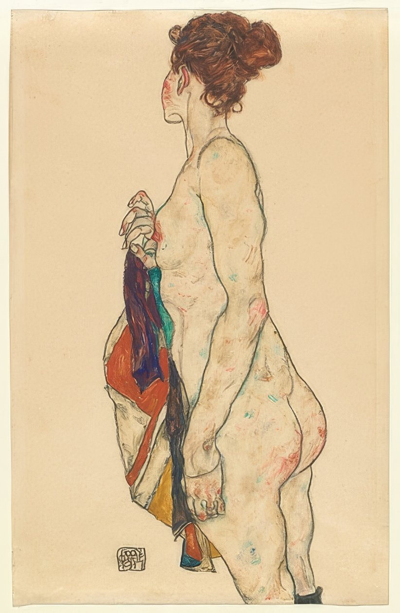 Seisova alaston kuviollinen viitta. 1917 tekijältä Egon Schiele