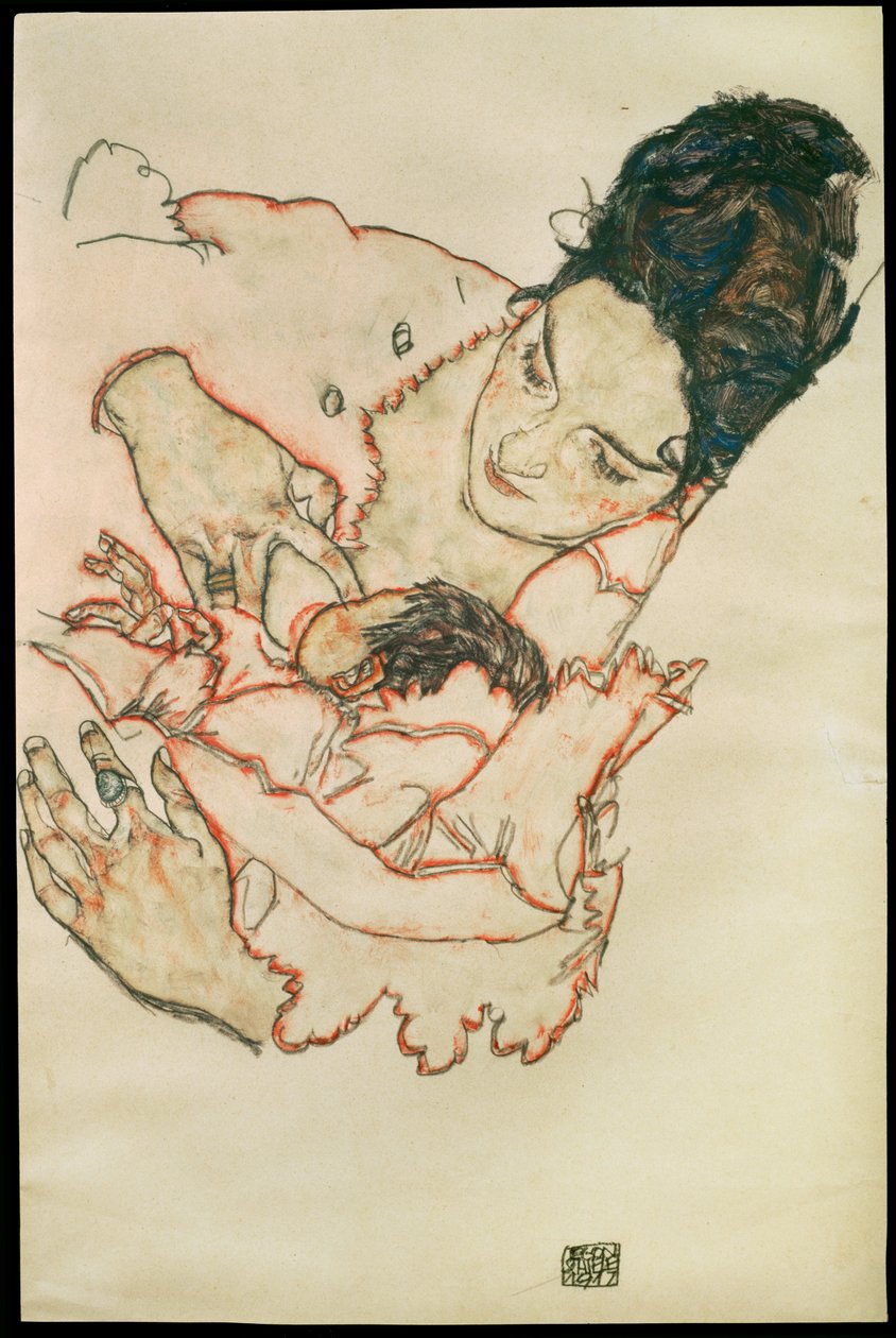 Stillende Mutter - Hoitava äiti ... (akvarelli ja musta väriliitu) tekijältä Egon Schiele