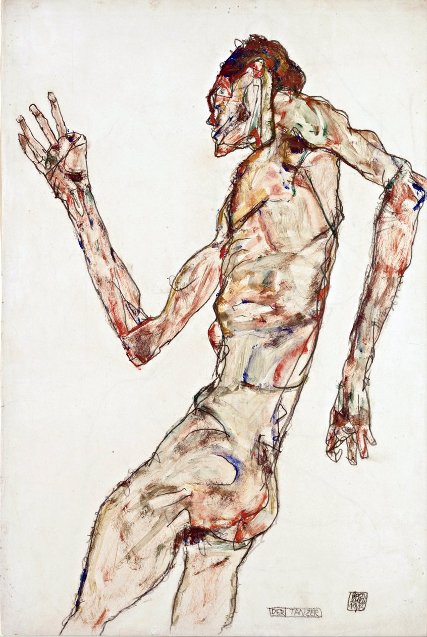 Tanssija - Schiele, Egon (1890-1918) - 1913 - Musta liitu, guassi paperille - 48,3x32,3 - Leopold-museo, Wien tekijältä Egon Schiele