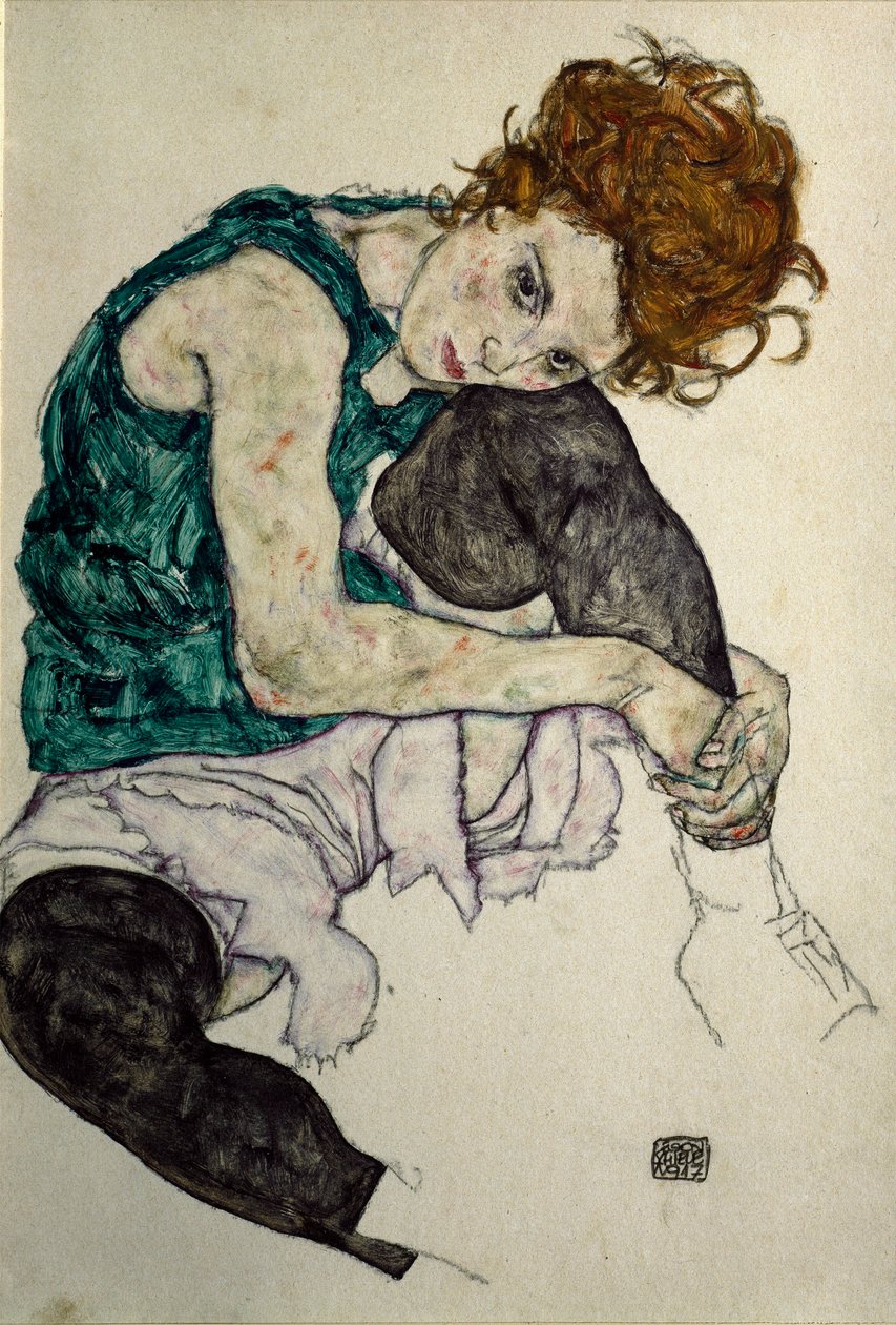 Taiteilijan vaimo, n.1917 (guassi, akvarelli ja musta väriliitu paperille). tekijältä Egon Schiele