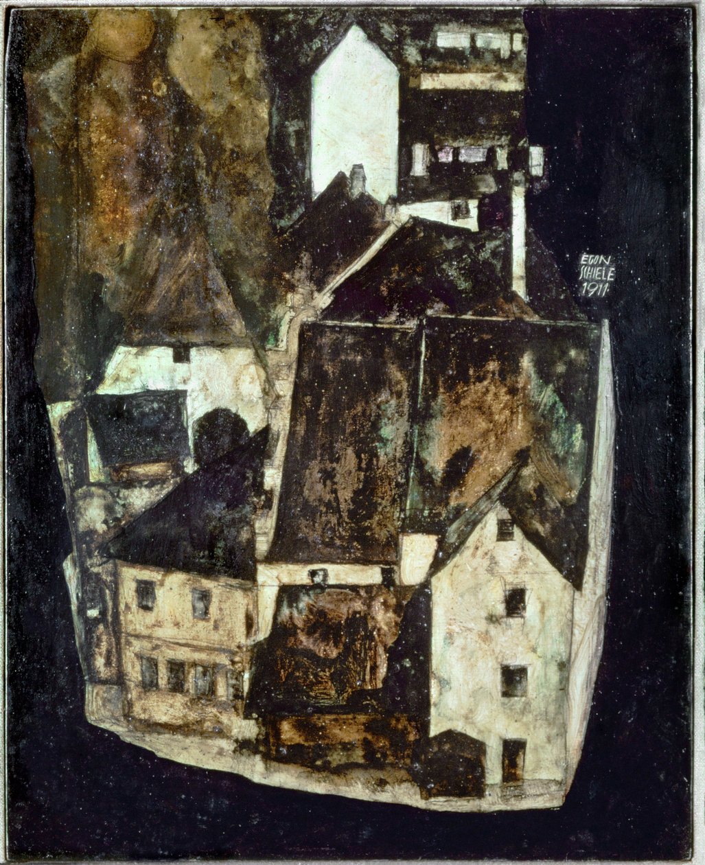 Tote Stadt III (Stadt am blauen Fluss III) [Kuollut kaupunki Iii (Kaupunki sinisen joen varrella III)], ... (öljy ja guassi puulle) tekijältä Egon Schiele
