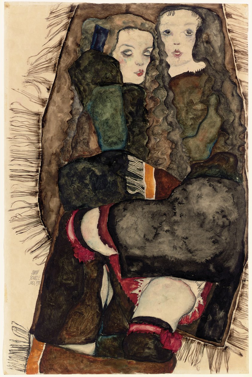 Kaksi tyttöä fringed peitolla; Kaksi tyttöä hapsuisella peitolla, 1911 tekijältä Egon Schiele