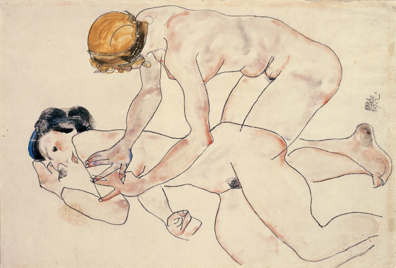 Kaksi naista, makuuasennossa ja polvillaan tekijältä Egon Schiele