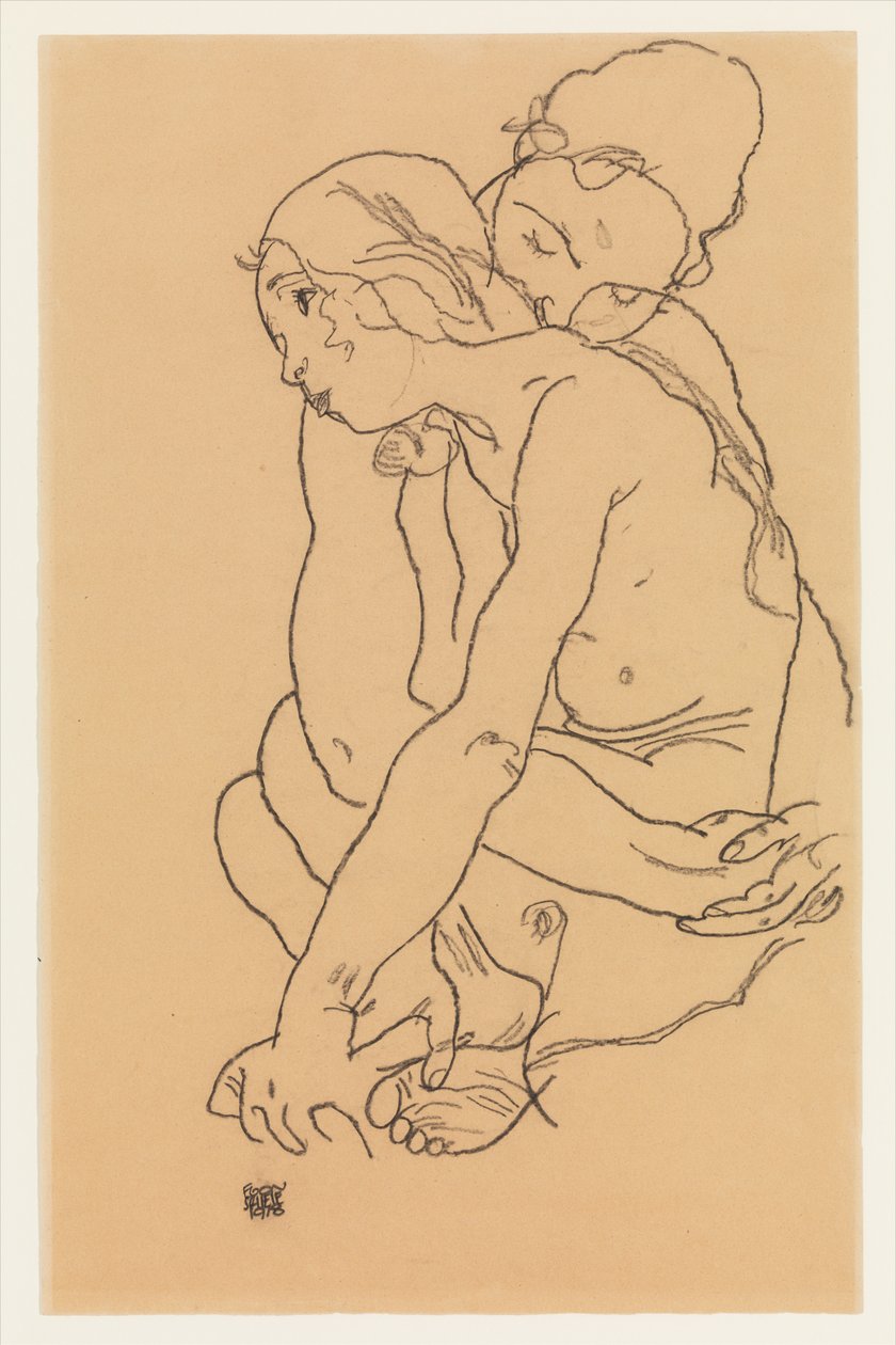 Frau und Mädchen, die sich umarmen tekijältä Egon Schiele