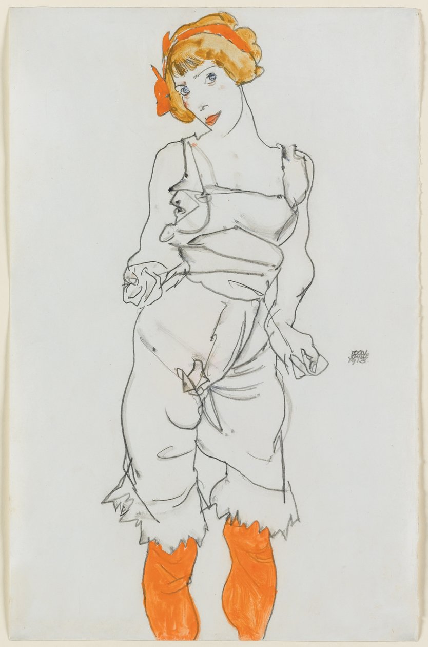 Nainen alusvaatteissa ja sukkahousuissa tekijältä Egon Schiele