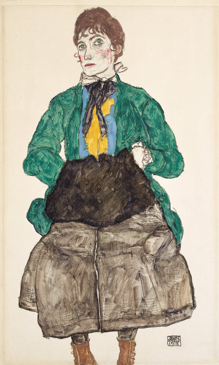 Nainen vihreässä puserossa muhvilla, 1915 tekijältä Egon Schiele