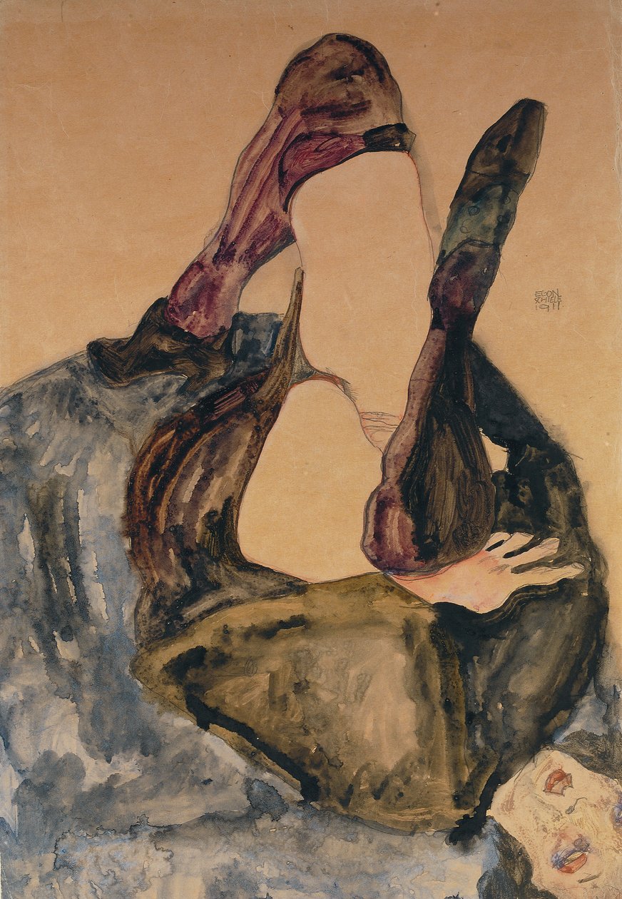 Nainen, jolla on kohotettu jalka ja violetit sukat; Nainen kohotettu jalka ja violetit sukat, 1911 tekijältä Egon Schiele