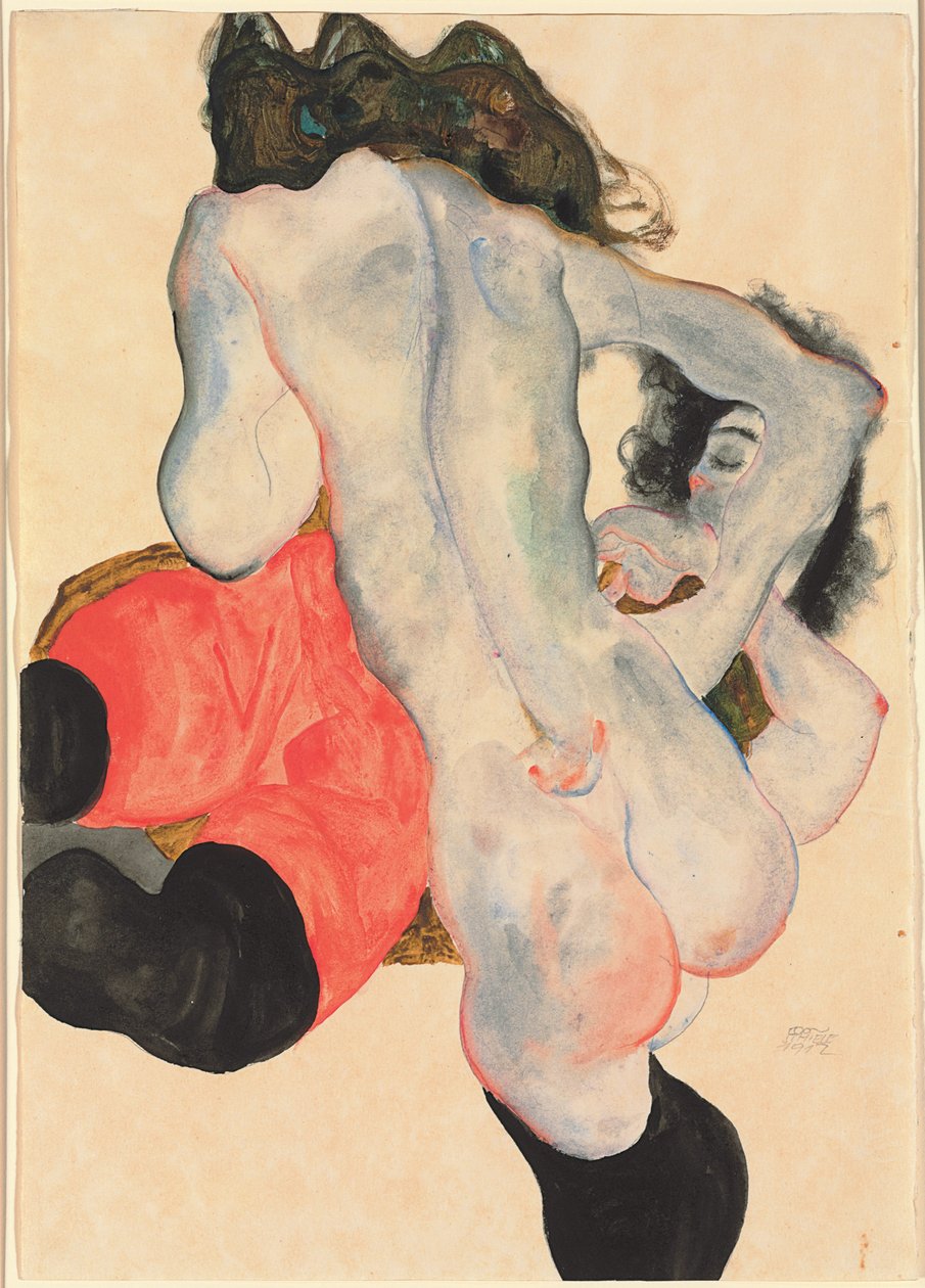 Nainen punaisilla housuilla ja seisova alastonnainen; Makaava nainen punaisissa housuissa ja seisova nainen alastonna, 1912 tekijältä Egon Schiele