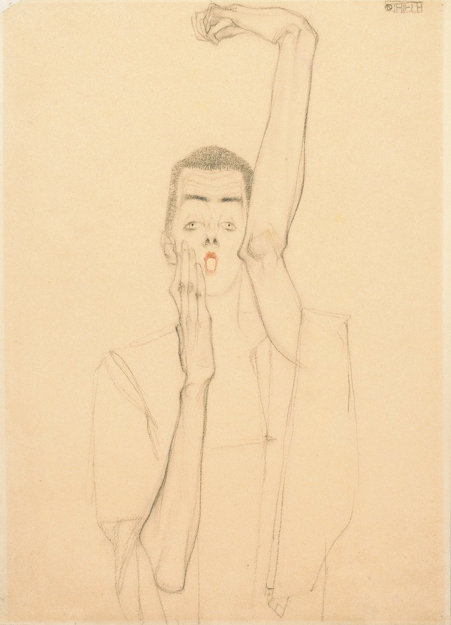 Nuori mies kohotettu käsi ja punainen suu; Omakuva, vasen käsi ylös ja punainen suu, 1909 tekijältä Egon Schiele