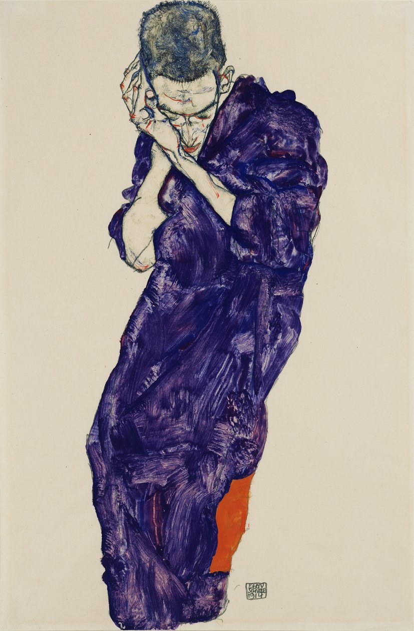 Nuorukainen purppuraisessa sukassa kädet ristissä, 1914 tekijältä Egon Schiele