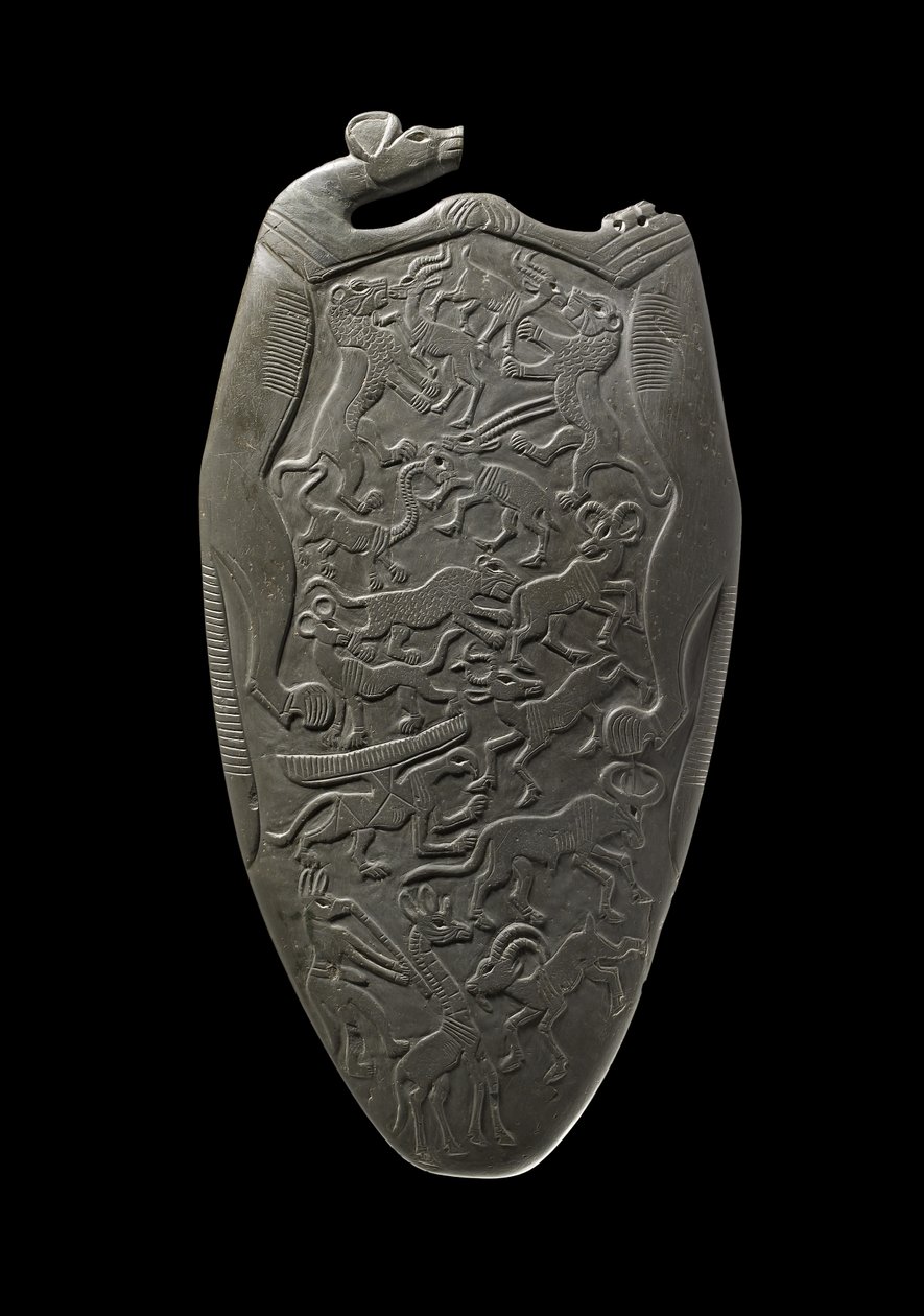 Seremoniallinen paletti, jossa on veistetty eläimiä, osa taistelussa, osa hyppimässä sakaalipäisen huilistin musiikin tahtiin, päärakennuksesta, Hierakonpolis, n. 3000 eKr. (liuskekivi) tekijältä Egyptian