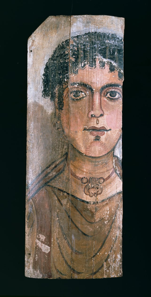 Kaksipuolinen muumiomuotokuva nuoresta naisesta, er-Rubayatista Faiyumissa (enkaustinen maali puulle) (käänteinen) (katso suora 104484) tekijältä Egyptian