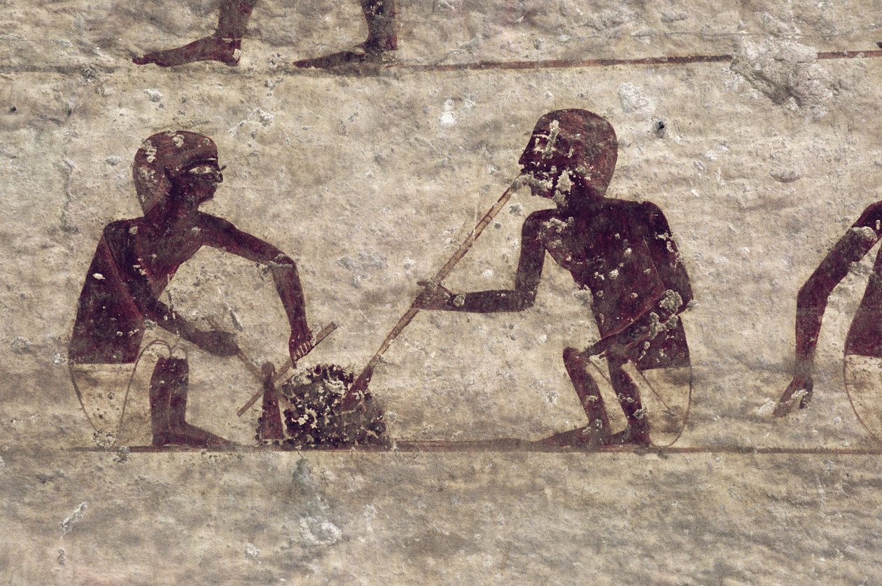 Lasipuhaltimet, yksityiskohta haudan seinämaalauksesta, egyptiläinen, vanhasta keski-valtakuntaan (maalattu kalkkikivi) tekijältä Egyptian
