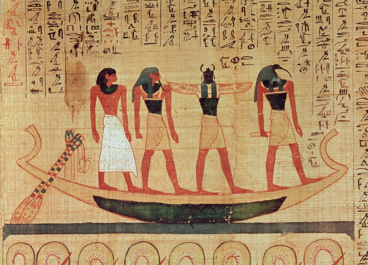Papyrus, joka kuvaa miestä, jota Thoth, Khepri ja toinen jumala kuljettavat barkilla tuonpuoleiseen tekijältä Egyptian