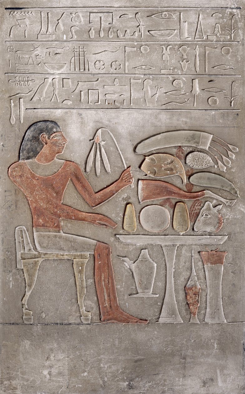 Stela, joka kuvaa vainajaa uhripöydän edessä (maalattu kalkkikivi) tekijältä Egyptian