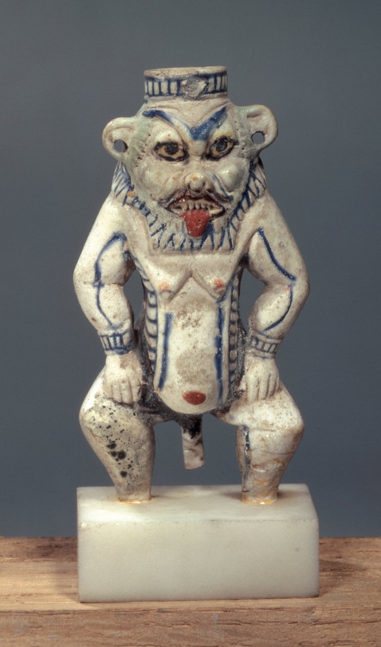 Kohl Pot, joka kuvaa egyptiläistä kotijumala Bes (fajanssi) tekijältä Egyptian 18th Dynasty