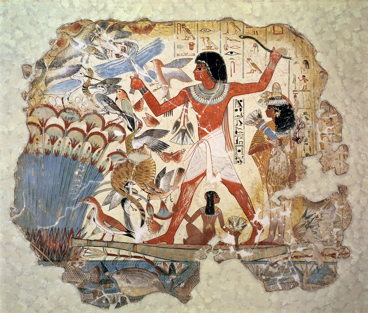 Nebamun metsästämässä suolla vaimonsa ja tyttärensä kanssa, osa seinämaalausta Nebamunin hautakappelista, Thebes, Uusi kuningaskunta, noin 1350 eKr. (maalattu kipsi) tekijältä Egyptian 18th Dynasty