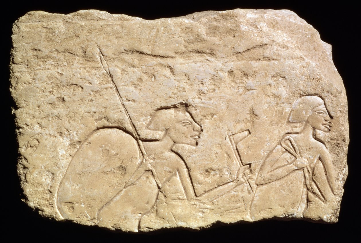 Reliefi, joka kuvaa kahta sotilasta, Uusi kuningaskunta, n. 1353-1335 eKr. (kalkkikivi) tekijältä Egyptian 18th Dynasty
