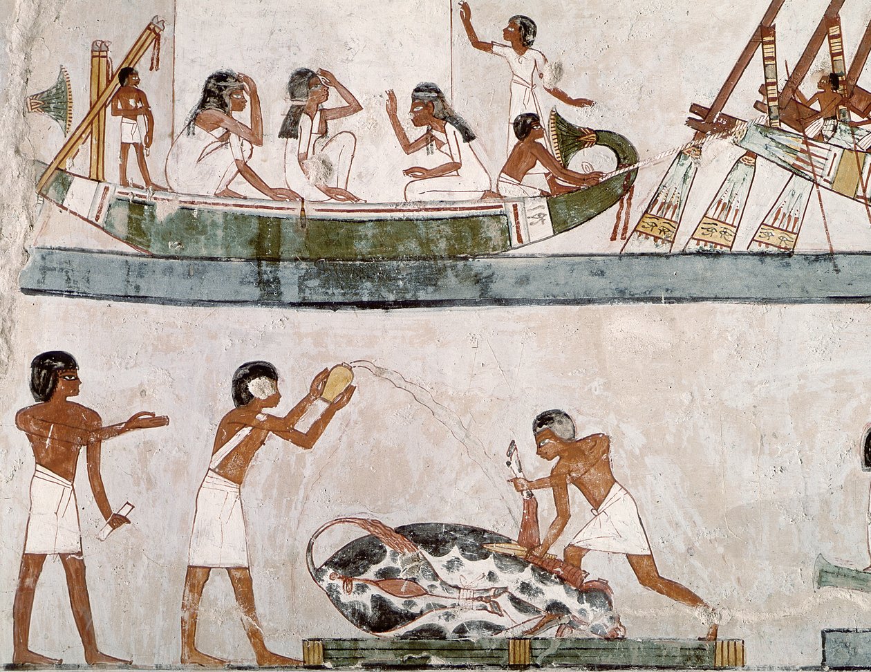 Härän uhraus ja puhdistaminen sekä purjehdusrituaali Mennan haudalta, Uudesta kuningaskunnasta (seinämaalaus) tekijältä Egyptian 18th Dynasty