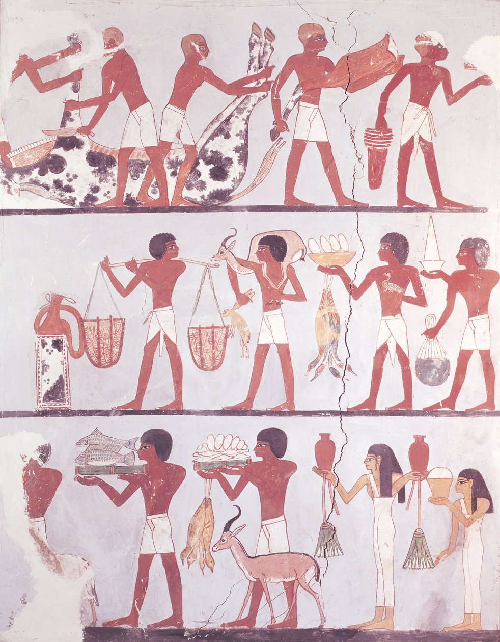 Kohtaus, jossa teurastajat ja palvelijat tuovat uhrilahjoja, Onsoun haudasta, noin 1375 eaa. tekijältä Egyptian 18th Dynasty