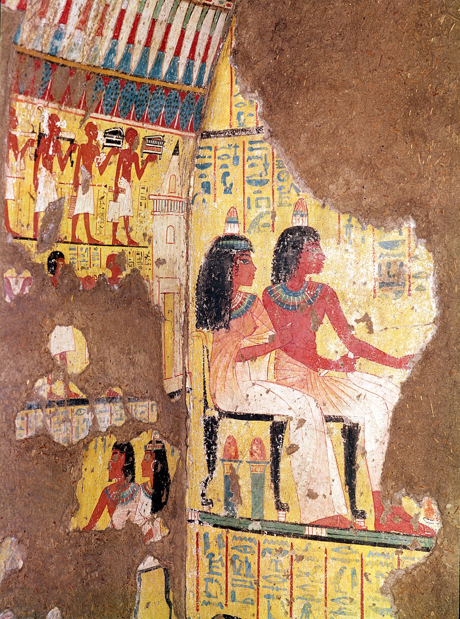 Taidemaalari Maie ja hänen vaimonsa istuivat haudastaan, rekonstruoitu museossa, Uusi kuningaskunta (maalattu kalkkikivi) tekijältä Egyptian 18th Dynasty