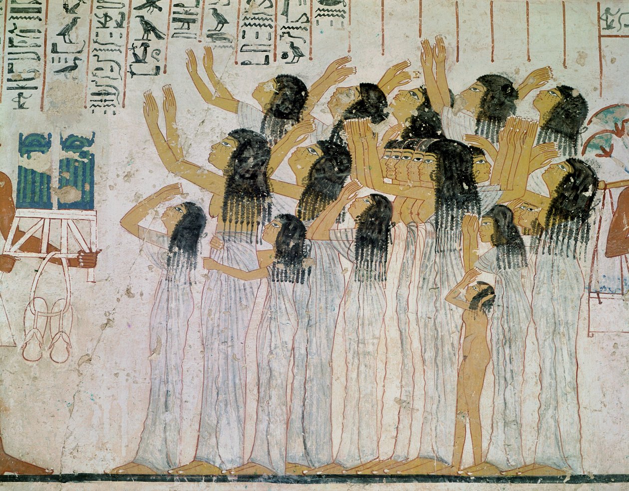 Itkevät naiset hautajaiskulkueessa Ramosen hautakappelista, visiiri ja Theban kuvernööri, Uusi kuningaskunta, n. 1360 eKr. (seinämaalaus) tekijältä Egyptian 18th Dynasty