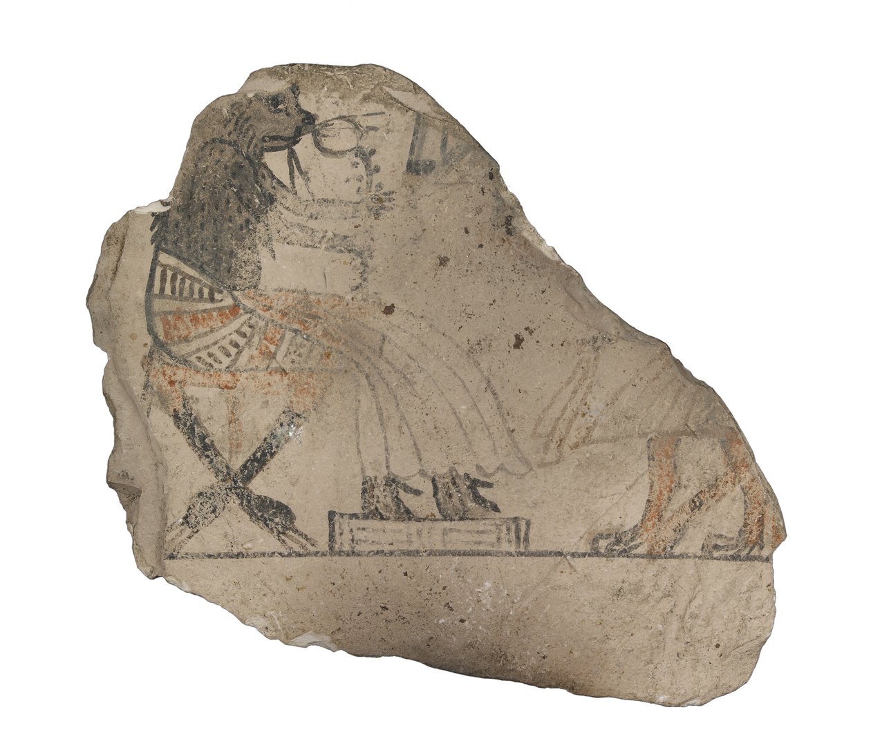Kalkkikiviostrakoni humoristisilla luonnoksilla punaisella ja mustalla musteella kalkkikivi maalattu mustalla ja punaisella musteella tekijältä Egyptian 19th Dynasty