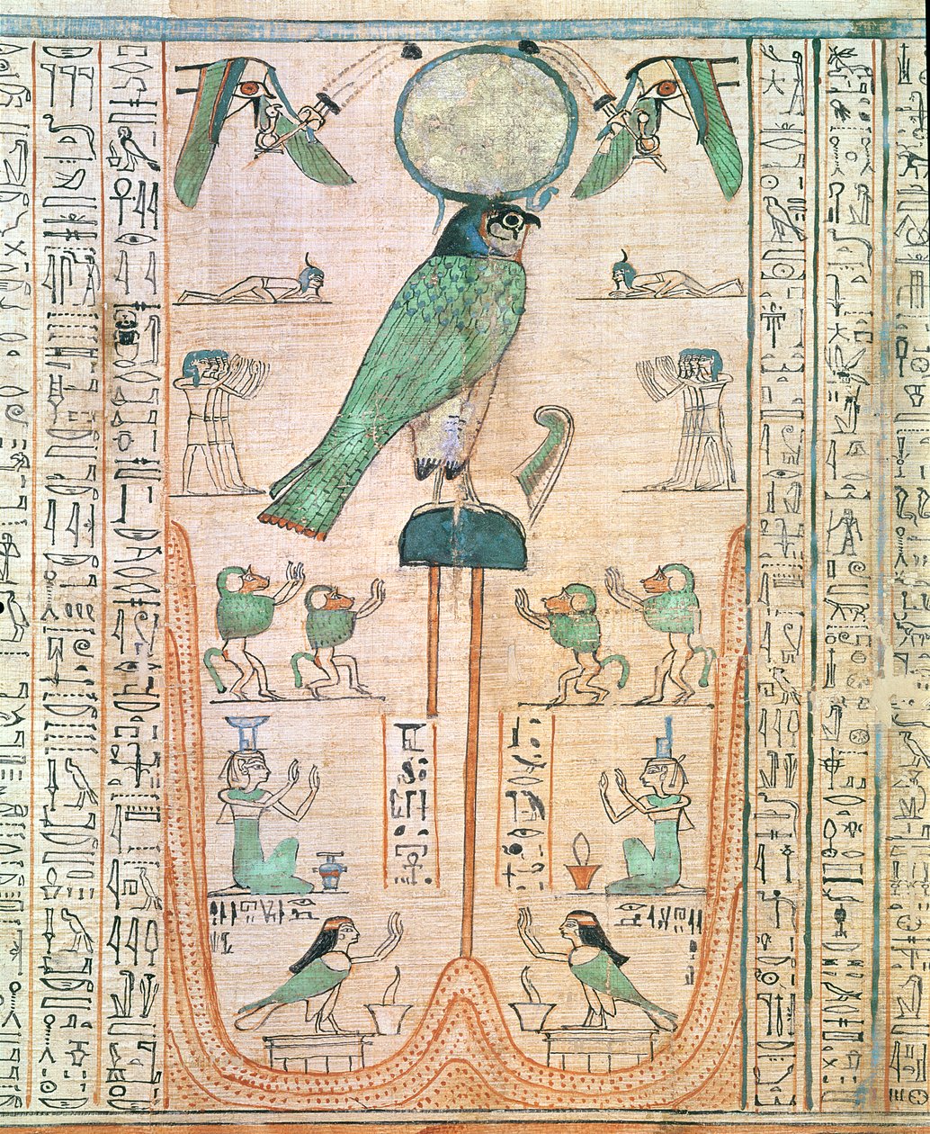Nousevan auringon palvonta haukkan muodossa Re-Horakhty, Uusi kuningaskunta, noin 1150 eKr. (papyrus) tekijältä Egyptian 20th Dynasty