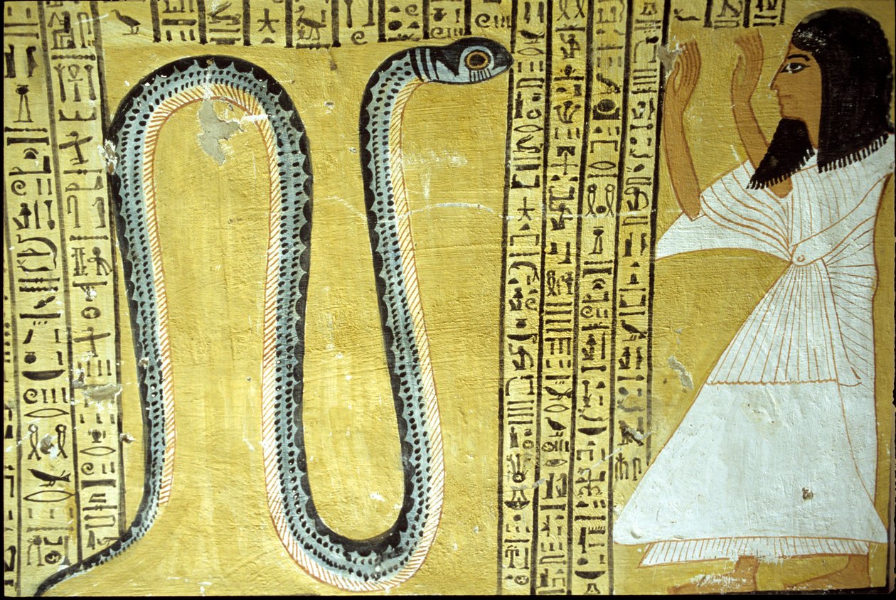 Inherkhau palvoo Sito-käärmettä alamaailman jumalaa Inherkhaun haudasta Thebasta (seinämaalaus) tekijältä Egyptian 20th Dynasty