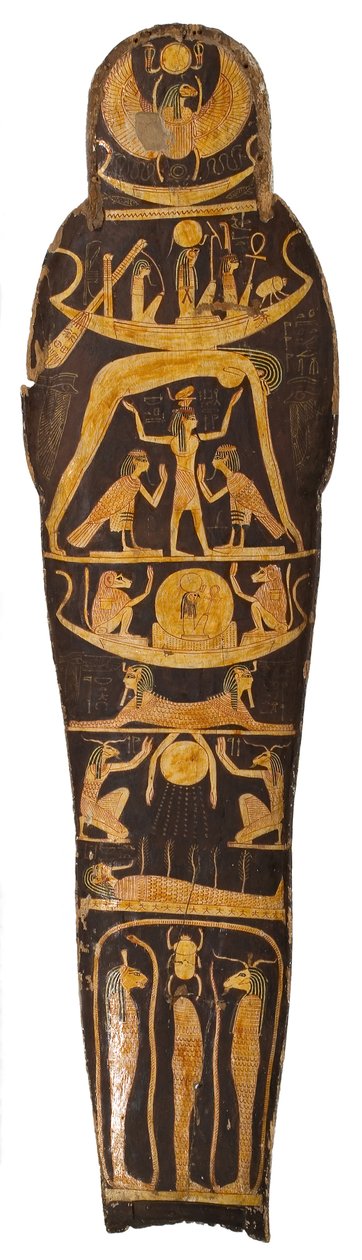 Muumion kansi, Amun Re temppelin kirjanoppineiden päällikön arkusta Nespawershefyt, kolmas välikausi, noin 1000 eKr. maalattua puuta tekijältä Egyptian 21st Dynasty
