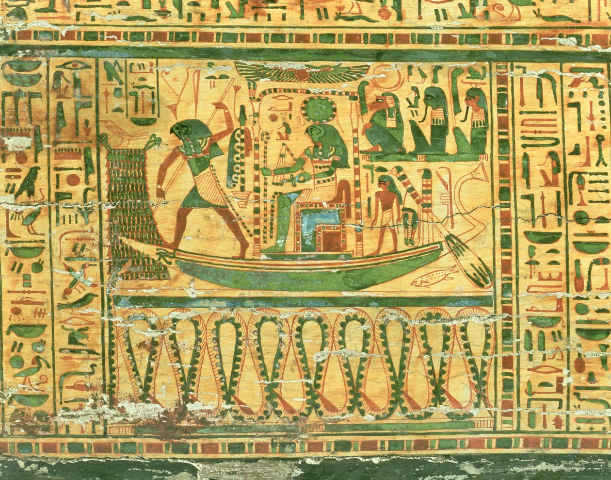 Auringonjumala Re:n matka, yksityiskohta Nespawershefytin sisäarkusta, egyptiläinen, kolmas välikausi, 990-969 eKr. (rapattu ja maalattu puu) (katso myös 76535) tekijältä Egyptian 21st Dynasty