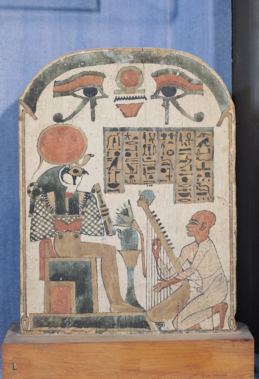 Harpisti Djedkhonsuiuefankhin stela, egyptiläinen, kolmas välikausi, (stukkottu ja maalattu puu) tekijältä Egyptian 22nd Dynasty