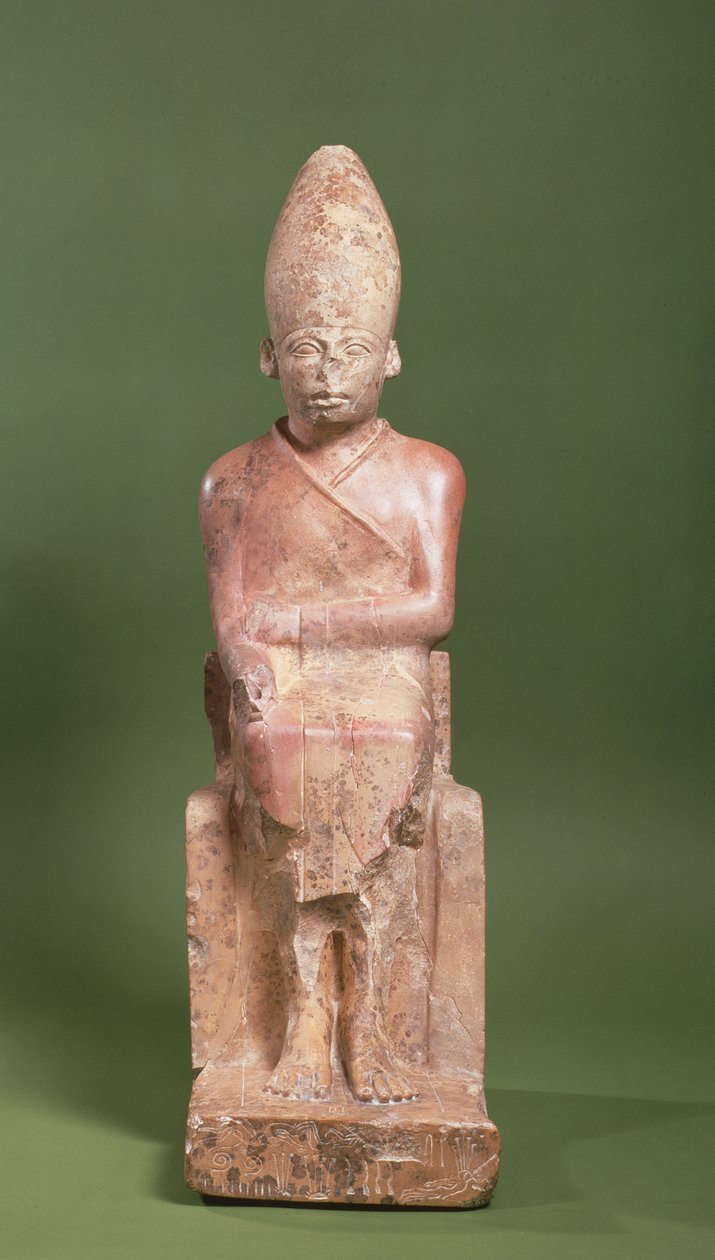 Hierakonpolisista, noin 2700 eKr. (kalkkikivi) löydetty faarao Khasekhemin istuva patsas, jonka jalustan ympärille on viiloitettu valloitettuja vihollisia tekijältä Egyptian 2nd Dynasty