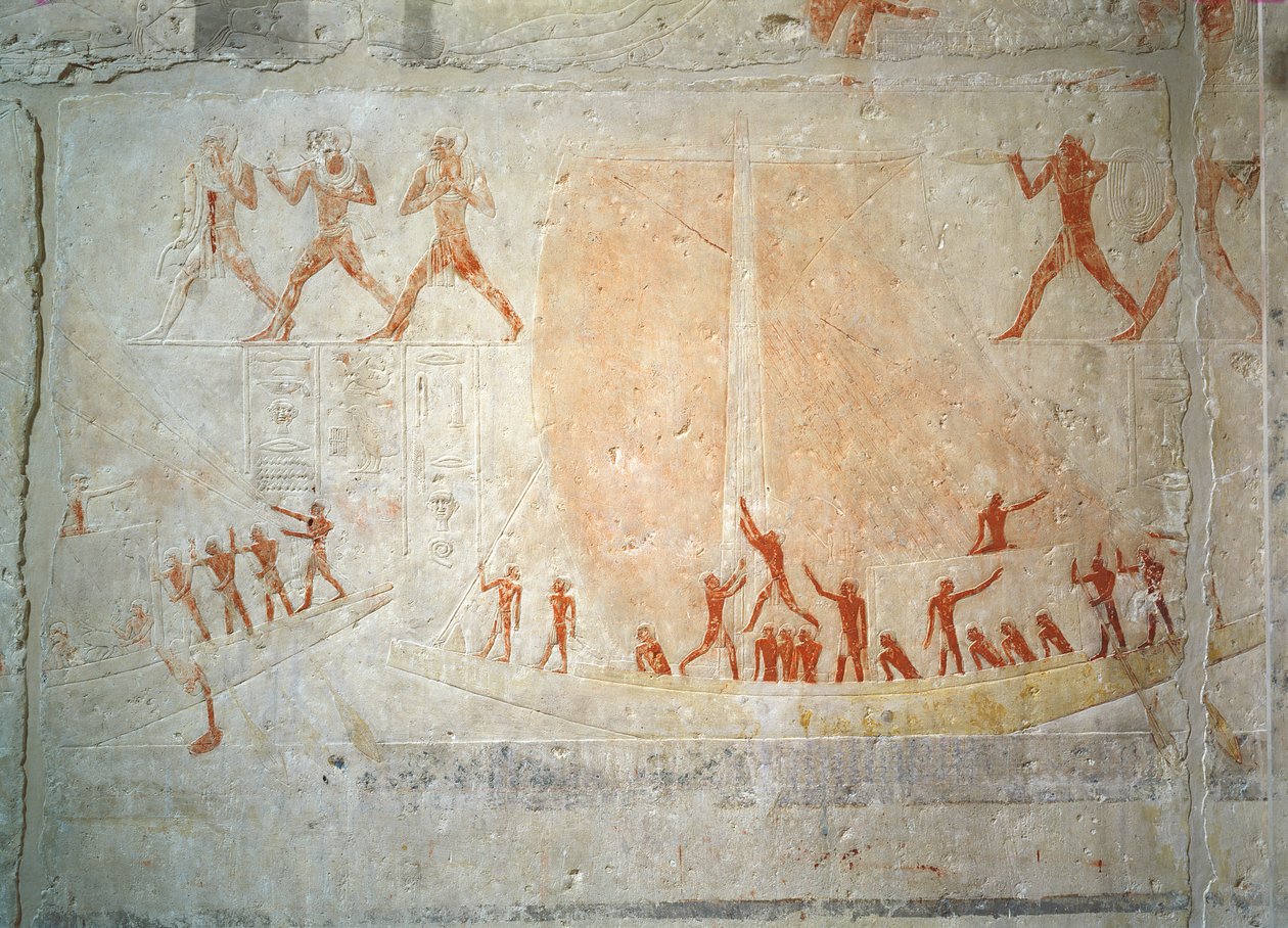 Reliefi Akhethotepin Mastabasta, joka kuvaa veneilyä, Saqqarasta, vanhasta kuningaskunnasta (maalattu kalkkikivi) tekijältä Egyptian 5th Dynasty