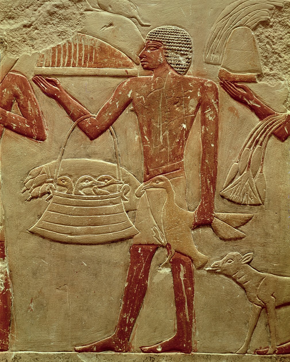 Reliefi, joka esittää portteria ja kori poikasia, prinsessa Idutin haudasta, Vanhasta kuningaskunnasta, noin 2330 eKr. (maalattu kalkkikivi) tekijältä Egyptian 6th Dynasty