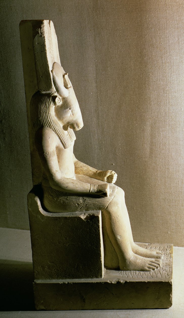 Montu-jumalan patsas, jolla on sonnin pää, Medamudista (kalkkikivi). tekijältä Egyptian Ptolemaic Period