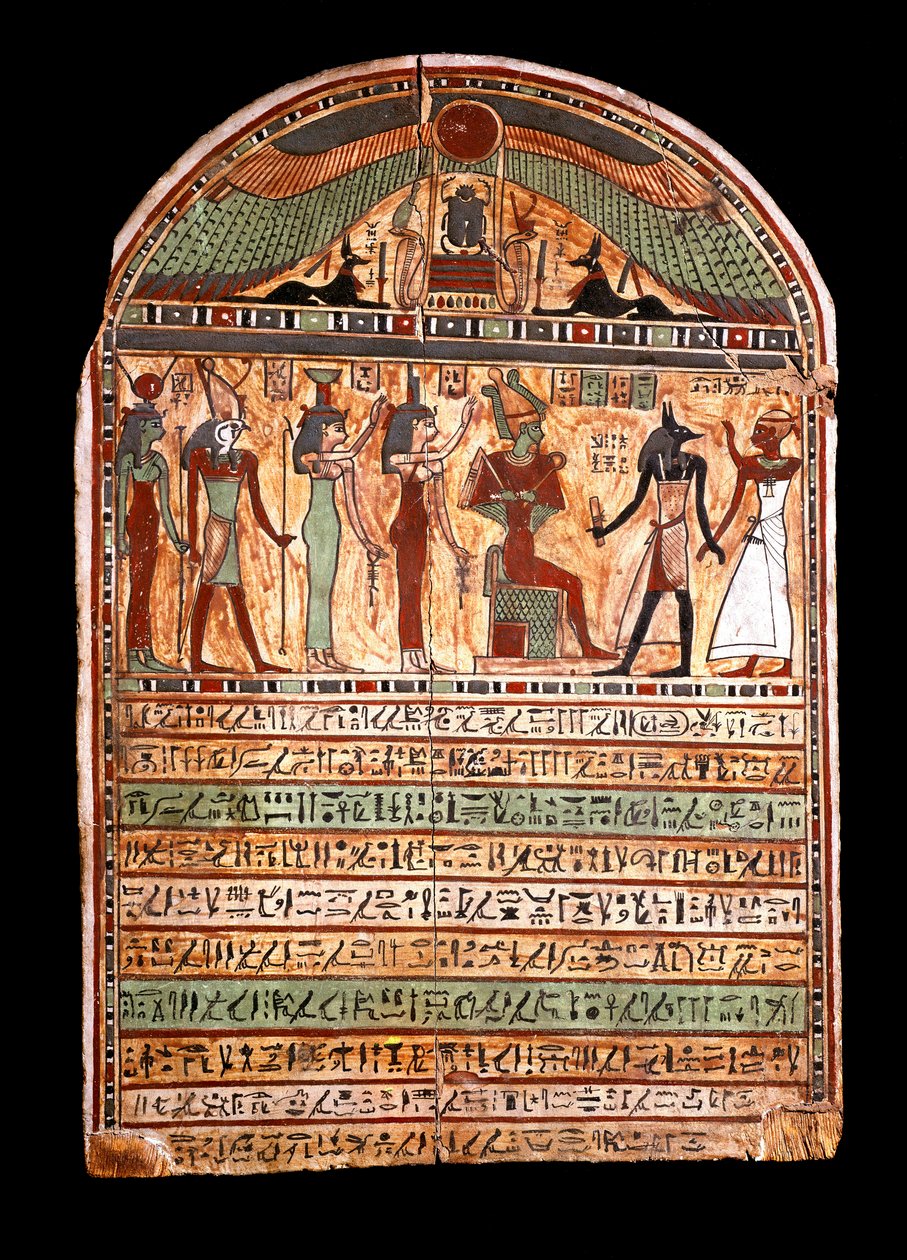 Egyptiläinen antiikki: ylipapin hautausmaa: Osiris toivottaa tervetulleeksi Anubiksessa läsnäolevan vainajan, hänen takanaan jumaluudet Isis, Nephtis (Nephtys tai Neftis), Horus, Hathor. 3.-2. vuosisadalla eKr. Torino, Egyptiläinen museo - Egyptin antiikki tekijältä Egyptian