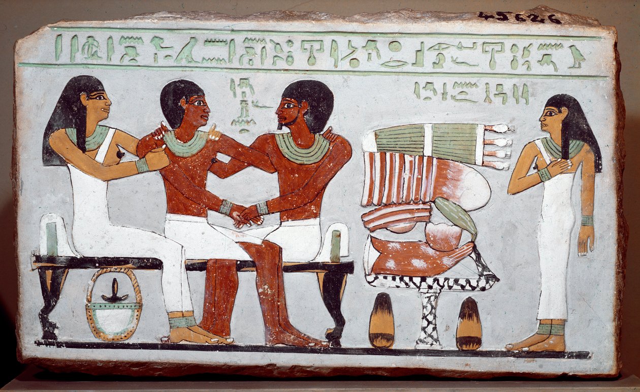 Egyptiläinen antiikki: hautaustelalla maalattu kalkkikivi, joka kuvaa Amenemhetin (Amenemhat) perhettä tekijältä Egyptian 11th Dynasty