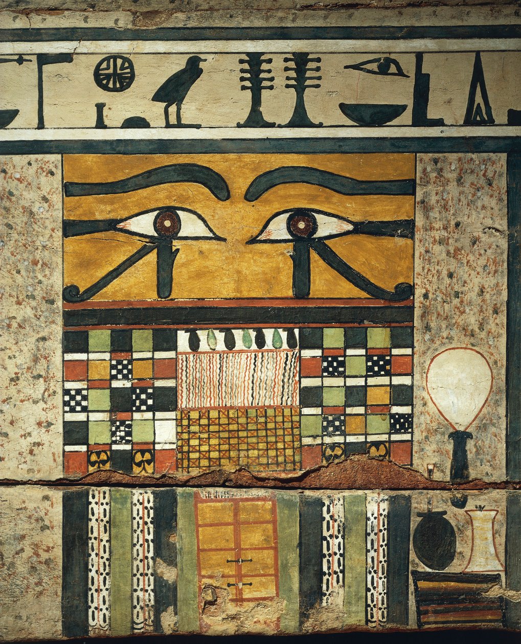 Paneeliyksityiskohta, jossa apotrooppiset silmät ylittävät suljetun oven, symboloi siirtymistä alamaailmaan, Irinimenpun sarkofagista tekijältä Egyptian 12th Dynasty