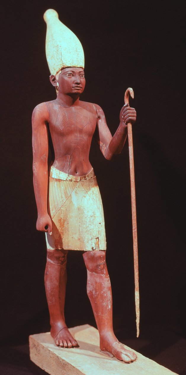 Sesostris I:n (hallinnassa 1971-28 eKr.) patsas, jossa on valkoinen kruunu (maalattua setripuuta) tekijältä Egyptian 12th Dynasty