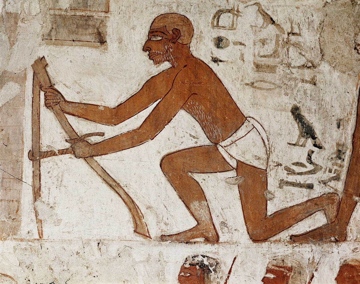 Käsityöläinen, joka mittaa muurin rakentamista, yksityiskohta Rekhmiren, Theban kuvernöörin ja faraot Thutmes III:n ja Amenophis II:n aikana (18. dynastia 1500–1292 eKr. eKr. eKr. 18. dynastia) hautaa koristavan freskon hautaa koristavasta fresosta, hauta  tekijältä Egyptian 18th Dynasty
