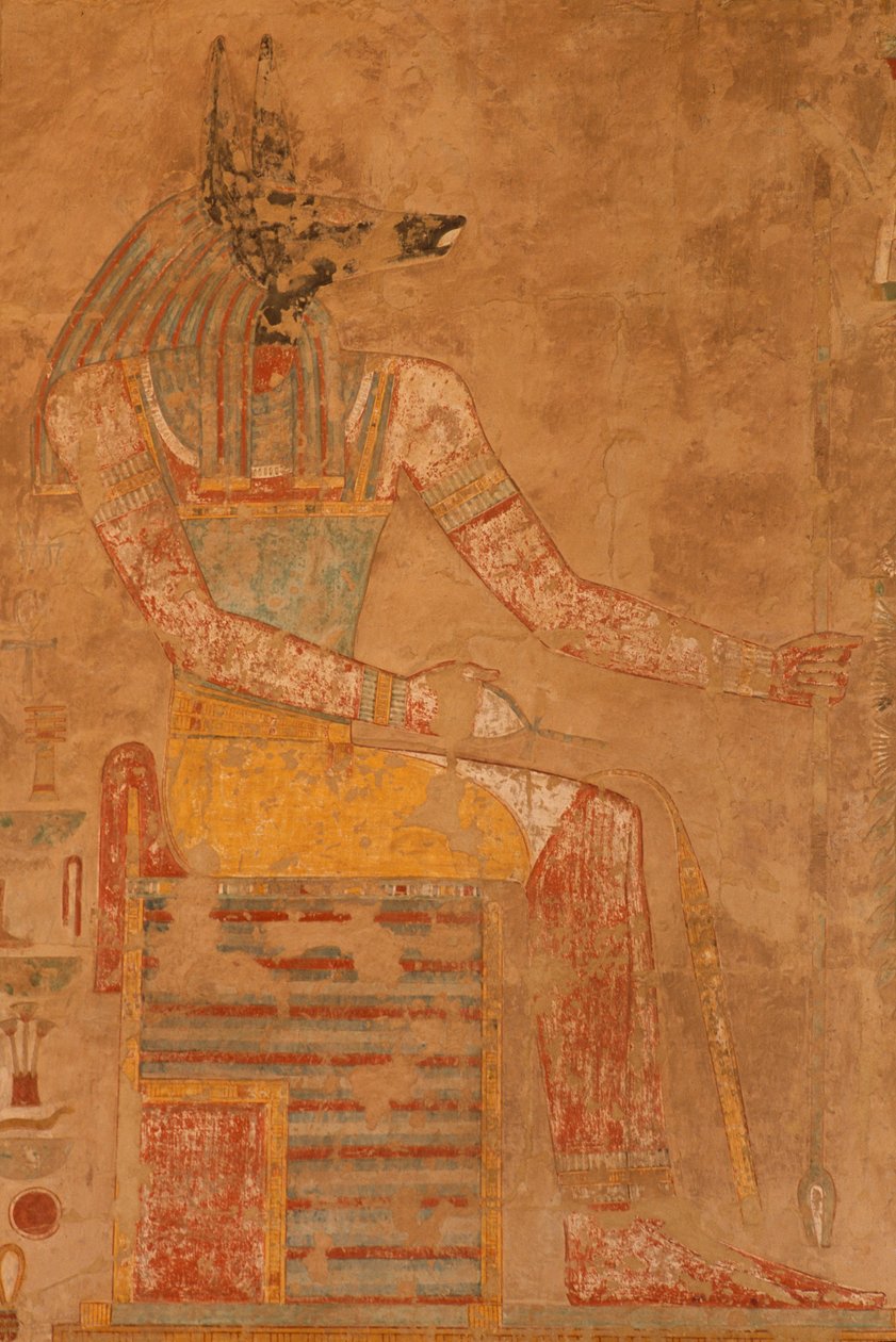 Anubis, kuolemanjumala kuningatar Hatšepsutin hautajaistemppelistä (n. 1503-1482 eKr.) (maalattu kalkkikivi). tekijältä Egyptian 18th Dynasty