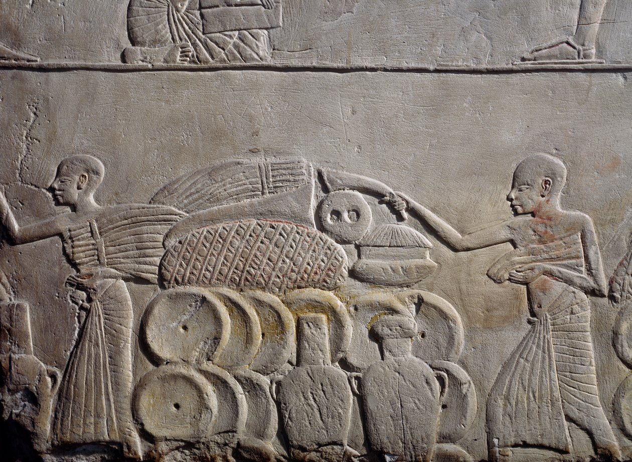 Ruoan järjestely varastoihin, kalkkikiviseinän reljeef, Horemhebin memfitistä haudasta Saqqarassa, Egyptin sivilisaatio, Uusi kuningaskunta, dynastia XVIII tekijältä Egyptian 18th Dynasty