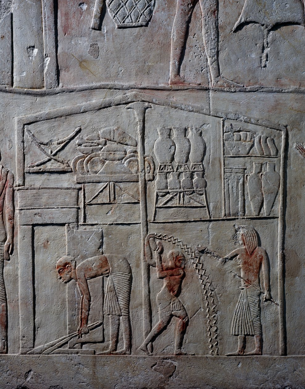 Elintarvikkeiden järjestäminen varastoissa, kalkkikivinen seinäreliefi, Horemhebin memfiittihaudasta Saqqarassa, Egyptin sivilisaatio, Uusi valtakunta, XVIII dynastia tekijältä Egyptian 18th Dynasty