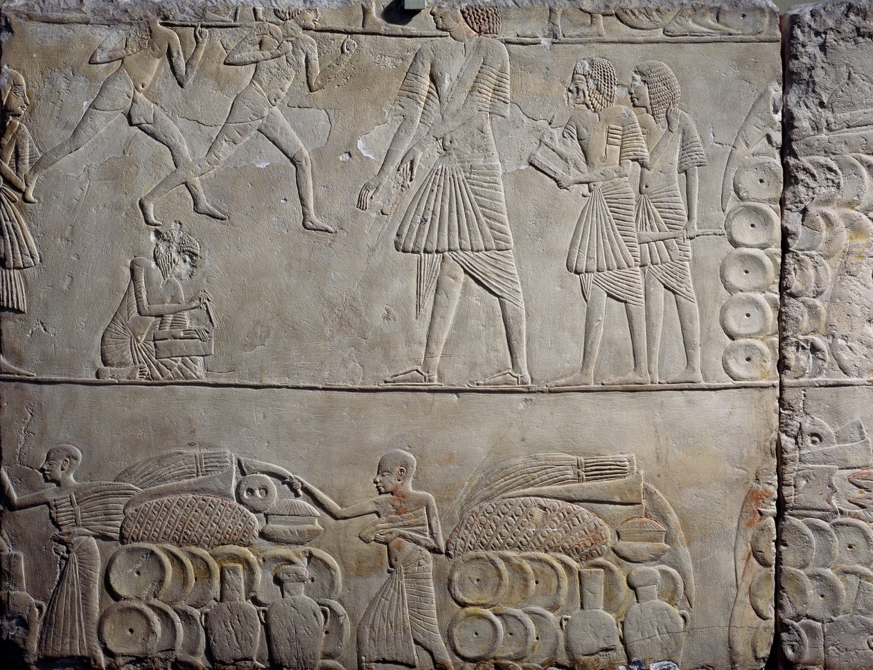 Elintarvikkeiden järjestäminen varastoissa, kalkkikivinen seinäreliefi, Horemhebin memfiittihaudasta Saqqarassa, Egyptin sivilisaatio, Uusi valtakunta, XVIII dynastia tekijältä Egyptian 18th Dynasty