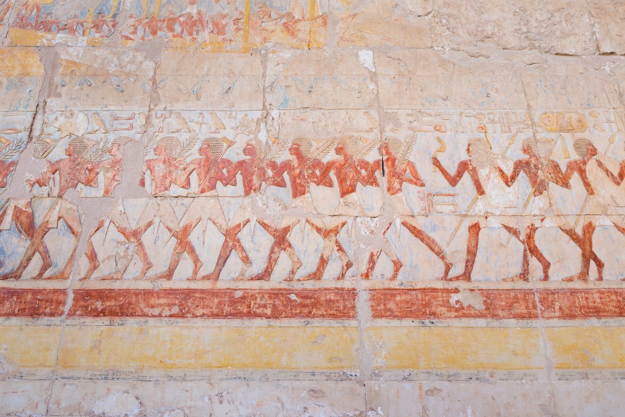 Basreliefikaiverrus Hatshepsutin matkasta Puntin maahan (Somalia), Deir Al Baharin Hatshepsut-temppeli, Luxor, Egypti (kuva) tekijältä Egyptian 18th Dynasty